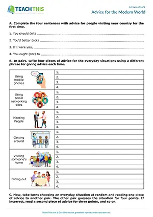 ESL everyday advice game for B1 intermediate: sentence completion, writing, guessing, pair work