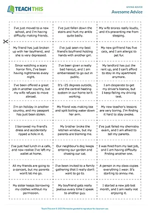 ESL giving advice game for B2 upper-intermediate: sentence completion, modals, second conditional, group work