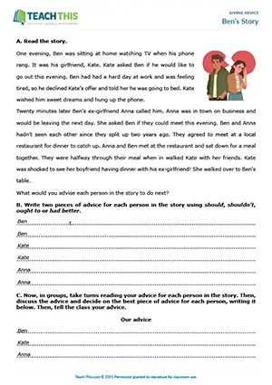 ESL giving advice activity for B1 intermediate: reading text, writing advice, group discussion
