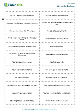ESL giving advice game for B2 upper-intermediate: forming sentences, guessing problems, group work