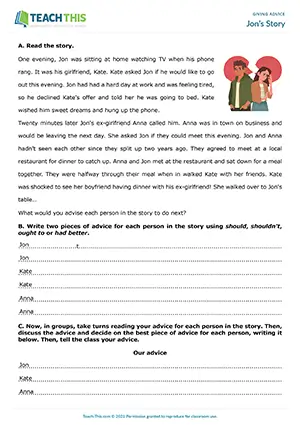 ESL giving advice activity for B1 intermediate: reading text, writing advice, group discussion