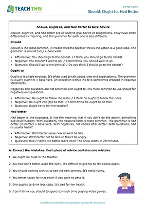 ESL giving advice worksheet for B1 intermediate: should, ought to, had better, error correction, matching, forming sentences