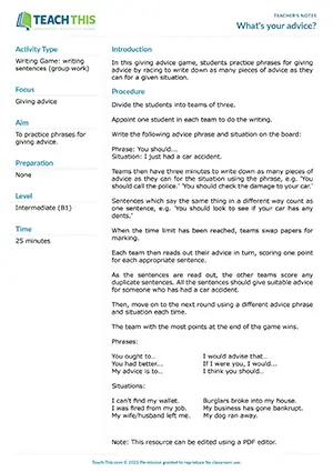 ESL advice game for B1 intermediate: writing advice sentences, group race, team competition