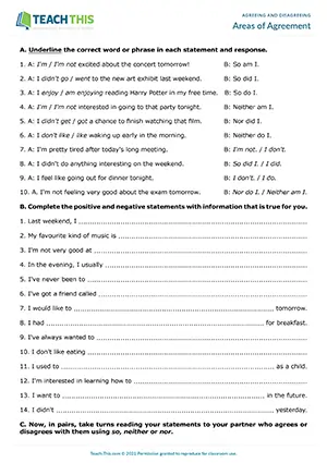 ESL so, neither or nor activity preview for A2 showing sentences, agreement/disagreement, and pair discussion