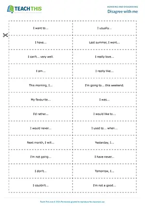 ESL agreeing and disagreeing game preview for B1 showing group completed statements and response cards