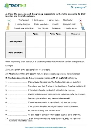 ESL agreeing and disagreeing worksheet preview for B1 showing categorising, matching, and opinion sharing