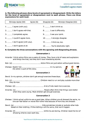 ESL agreeing and disagreeing worksheet preview for B1 showing gap-fill, phrase identification, and guided discussion