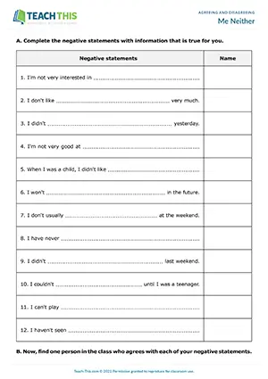 ESL neither and nor activity preview for B1 showing mingling agreement with negative statements