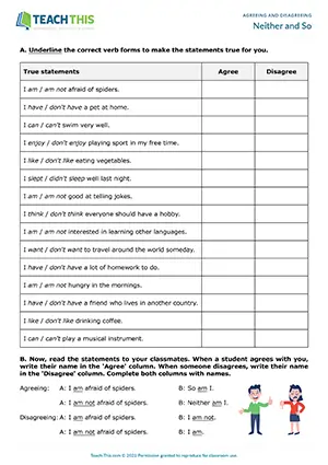 ESL neither and so activity preview for A2 showing positive/negative statements and agreement/disagreement