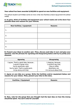 ESL agreeing and disagreeing activity preview for B2 showing group idea sharing, presentation, and voting