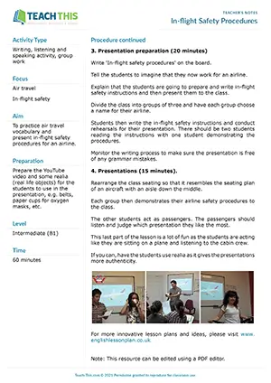 ESL in-flight safety procedures lesson for B2 upper-intermediate: vocabulary, listening, writing, group presentation, classroom role-play