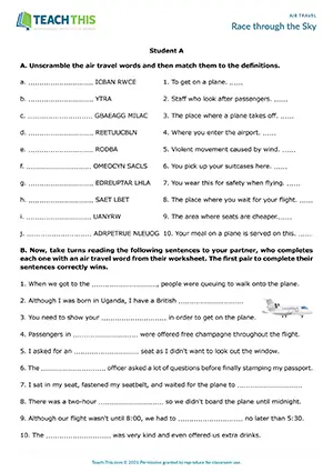 ESL air travel vocabulary and speaking activity for B1 intermediate: unscrambling, matching, gap-fill, sentence completion, pair work