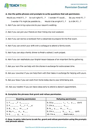 ESL asking for permission worksheet for B2 upper-intermediate: writing permission questions, completing phrases, speaking activity