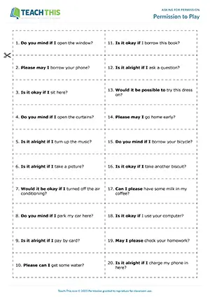 ESL asking for permission games for B2 upper-intermediate: miming, guessing, matching, pair speaking activity