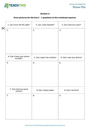 ESL asking for permission game preview for A1-A2 elementary: drawing, guessing, forming 'Can I...?' questions, pair work