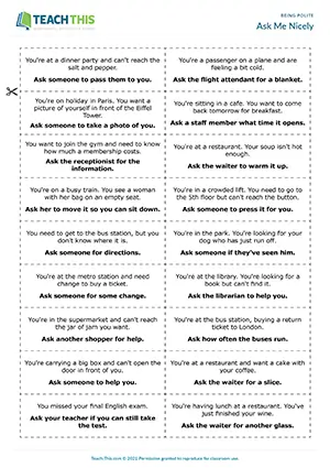 ESL polite requests game for B1 intermediate: forming responses, speaking, communicative group practice