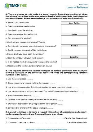 ESL politeness worksheet for B1 intermediate: categorising, identifying, gap-fill, rewriting, writing questions, practice