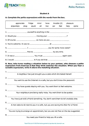 ESL polite expressions activity for B2 upper-intermediate: gap-fill, matching, dictation, pair work