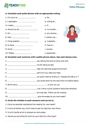 ESL polite phrases worksheet for B2 upper-intermediate: matching, gap-fill, error correction, writing sentences, vocabulary practice