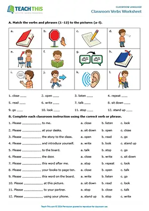 ESL classroom language flashcards and worksheet preview, beginner A1, eliciting, drilling, matching, multiple choice