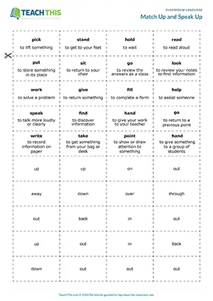 ESL classroom phrasal verbs game for B1 intermediate: matching, forming sentences, classroom vocabulary practice