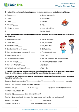 Classroom Language ESL Games Worksheets