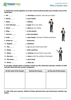 ESL classroom language worksheet for A1-A2 elementary: matching, categorising, sentence completion, gap-fill, teacher expressions