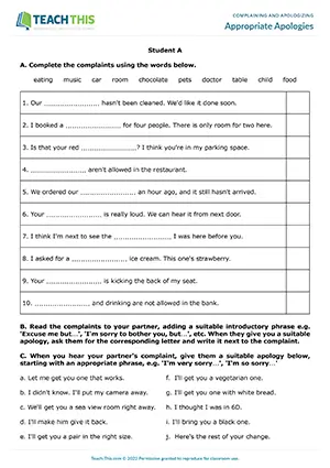 ESL complaining and apologizing activity for A2 pre-intermediate: gap-fill, matching, forming sentences, controlled speaking practice