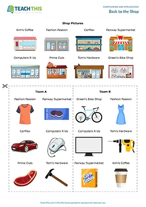 ESL shop complaints game for B2 upper-intermediate: role-play, making shop complaints, guessing, communicative group activity