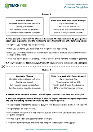 ESL making complaints role-play for B1 intermediate: customer complaints, misleading advertisements, pair role-play