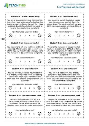 ESL complaints role-play for B2 upper-intermediate: making complaints, dealing with complaints, satisfaction scale, pair practice