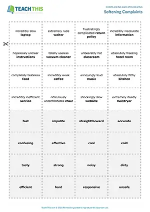 ESL softening complaints activity for B2 upper-intermediate: forming sentences from prompts, not very, rather, pair communicative practice