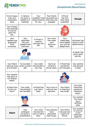 ESL giving compliments board game for B1 intermediate: board game, giving compliments, forming sentences, group work