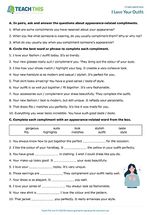 ESL giving compliments worksheet for B2 upper-intermediate: gap-fill, writing sentences, appearance-related compliments, pair practice