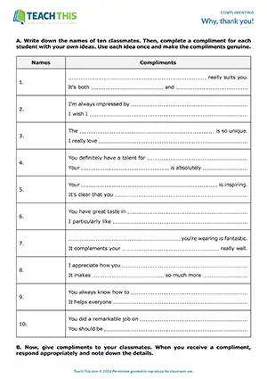 ESL giving compliments activity for B2 upper-intermediate: sentence completion, making and responding to compliments, freer speaking