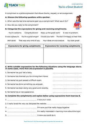 ESL complimenting worksheet for A2 pre-intermediate: categorizing, matching, gap-fill, giving and responding to compliments