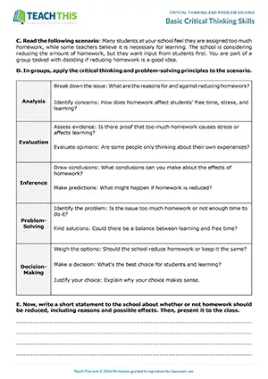 ESL critical thinking worksheet for B2 upper-intermediate: reading, writing, presenting, group problem solving, class discussion