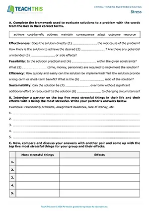 ESL critical thinking activity for B2 upper-intermediate: vocabulary, gap-fill, guided discussion, survey, group work on stress