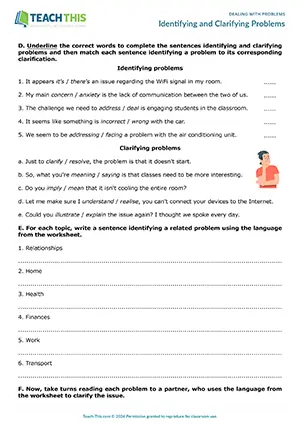 ESL dealing with problems worksheet for B2 upper-intermediate: identifying and clarifying problems, vocabulary, matching, pair work