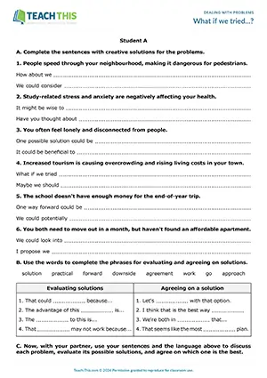 ESL dealing with problems activity for B2 upper-intermediate: sentence completion, gap-fill, guided discussion, pair work
