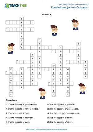 ESL Personality Adjectives Activity preview for Upper-intermediate B2 showing crossword puzzle for adjectives and opposites
