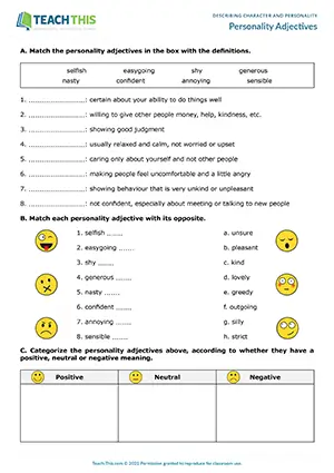 ESL Personality Adjectives Worksheet preview for Intermediate B1 showing matching and categorising tasks