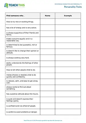 ESL Personality Traits Activity preview for Upper-intermediate B2 showing worksheet on asking and answering questions about personality