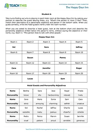 ESL Personality Adjectives Activity preview for Intermediate B1 showing hotel guest matching task