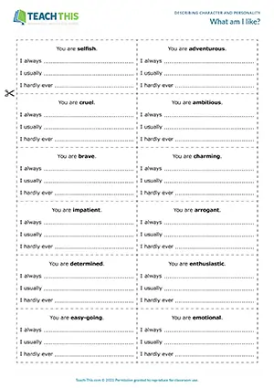 ESL Personality Adjectives Game preview for Upper-intermediate B2 showing clue writing and group guessing game