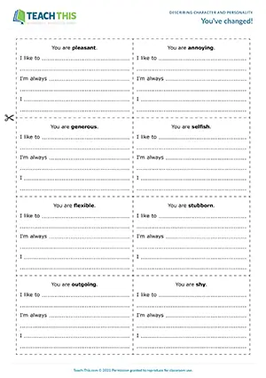 ESL Describing Character Activity preview for Upper-intermediate B2 showing sentence completion and matching worksheet