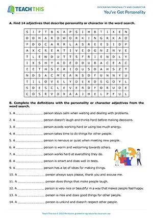 ESL Personality and Character Worksheet preview for Pre-intermediate A2 showing vocabulary word search and sentence practice