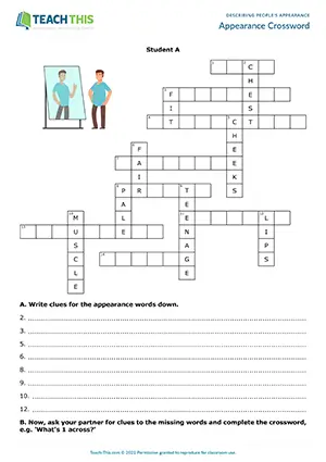 ESL Appearance Adjectives Activity preview for Intermediate B1 showing crossword clues and guessing activity