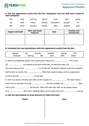 ESL Appearance Worksheet preview for Intermediate B1 showing vocabulary, gap-fill, and drawing activities