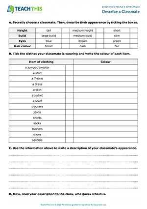 ESL Describing Appearance Activity preview for Pre-intermediate A2 showing table completion and class description guessing